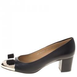 Pre Owned Salvatore Ferragamo Black Leather Nara Metal Cap Toe Pumps Size 40.5