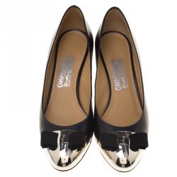 Pre Owned Salvatore Ferragamo Black Leather Nara Metal Cap Toe Pumps Size 40.5
