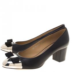 Pre Owned Salvatore Ferragamo Black Leather Nara Metal Cap Toe Pumps Size 40.5