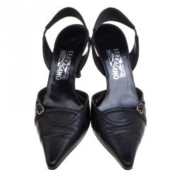 مملوكة مسبقًا صندل سلفاتوري فيراغامو جلد أسود مقدمة مدببة كعب مفتوح مقاس 39.5