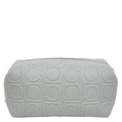 Pre Owned Salvatore Ferragamo Light Grey Calfskin Leather Gancini Cosmetic Pouch