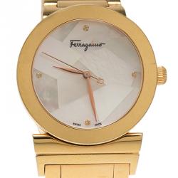 Pre Owned Salvatore Ferragamo Mother of Pearl Gold Ion Plated Stainless Steel FG2 Women's Wristwatch 33MM