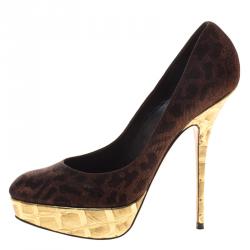 Sebastian Bronze Printed Lamé Fabric Platform Pumps Size 40