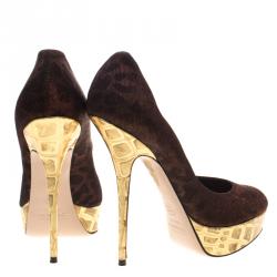 Sebastian Bronze Printed Lamé Fabric Platform Pumps Size 40