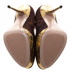 Sebastian Bronze Printed Lamé Fabric Platform Pumps Size 40