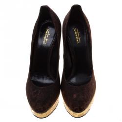 Sebastian Bronze Printed Lamé Fabric Platform Pumps Size 39