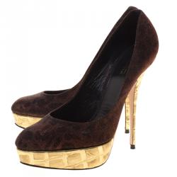 Sebastian Bronze Printed Lamé Fabric Platform Pumps Size 39