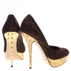 Sebastian Bronze Printed Lamé Fabric Platform Pumps Size 39