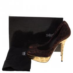Sebastian Bronze Printed Lamé Fabric Platform Pumps Size 39