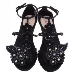 Sebastian Black Floral Embellished Satin Strappy Sandals Size 37