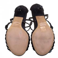 Sebastian Black Floral Embellished Satin Strappy Sandals Size 37