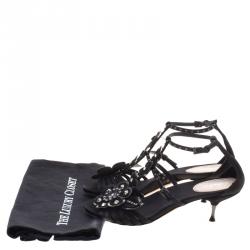 Sebastian Black Floral Embellished Satin Strappy Sandals Size 37
