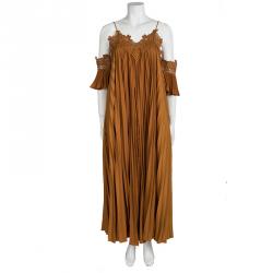 Pre Owned Self Portrait Camel Brown Plisse Lace Trim Cold Shoulder Maxi Dress M