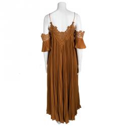 Pre Owned Self Portrait Camel Brown Plisse Lace Trim Cold Shoulder Maxi Dress M