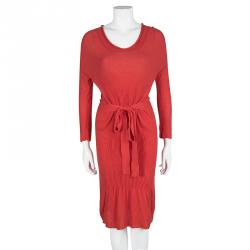 Pre Owned Sonia Rykiel Red Knit Waist Tie Detail Long Sleeve Midi Dress S