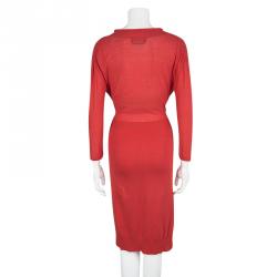 Pre Owned Sonia Rykiel Red Knit Waist Tie Detail Long Sleeve Midi Dress S