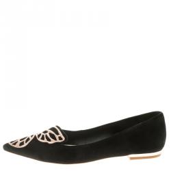 Pre Owned Sophia Webster Black Embroidered Suede Bibi Butterfly Pointed Toe Ballet Flats Size 39.5
