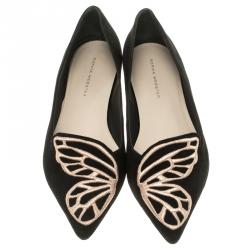 Pre Owned Sophia Webster Black Embroidered Suede Bibi Butterfly Pointed Toe Ballet Flats Size 39.5
