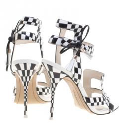 Sophia Webster Monochrome Checkered Leather Poppy  Ankle Wrap Sandals Size 39