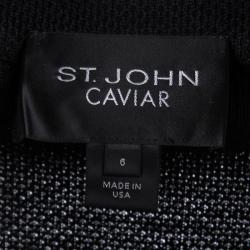 St. John Caviar Black Textured Knit Fringed Edge Overcoat M