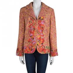 St. John Multicolor Tweed Floral Applique Detail Zip Front Blazer L