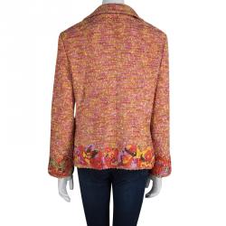 St. John Multicolor Tweed Floral Applique Detail Zip Front Blazer L