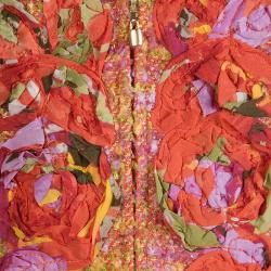 St. John Multicolor Tweed Floral Applique Detail Zip Front Blazer L