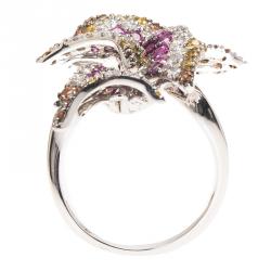 Stefan Hafner White Gold Diamonds and Colored Sapphire Fancy Flower Ring Size 54