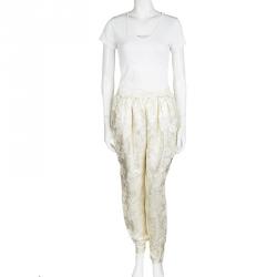 Pre Owned Stella McCartney Cream Silk Floral Lurex Jacquard Christine Pants M