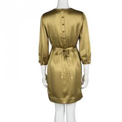Pre Owned Stella McCartney Dull Gold Satin Pleated Long Sleeve Dress S