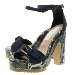 Stella McCartney Blue Faux Suede and Python Print Platform Ankle Strap Sandals Size 39