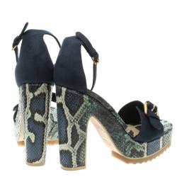Stella McCartney Blue Faux Suede and Python Print Platform Ankle Strap Sandals Size 39