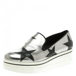 Pre Owned Stella McCartney Grey Metallic Faux Leather Binx Star Platform Slip On Sneakers Size 38