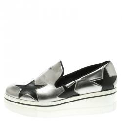 Pre Owned Stella McCartney Grey Metallic Faux Leather Binx Star Platform Slip On Sneakers Size 38