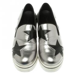 Pre Owned Stella McCartney Grey Metallic Faux Leather Binx Star Platform Slip On Sneakers Size 38