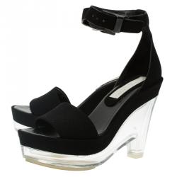 Pre Owned Stella McCartney Black Faux Suede Ankle Strap Platform Wedge Sandals Size 37