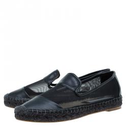 Stella McCartney Black Faux Leather and Mesh Sheer Panel Espadrilles Size 38