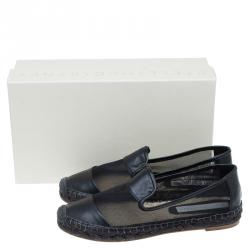 Stella McCartney Black Faux Leather and Mesh Sheer Panel Espadrilles Size 38