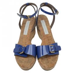 Pre Owned Stella McCartney Blue Faux Patent Linda Wedge Sandals Size 40