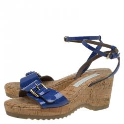 Pre Owned Stella McCartney Blue Faux Patent Linda Wedge Sandals Size 40