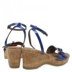 Pre Owned Stella McCartney Blue Faux Patent Linda Wedge Sandals Size 40
