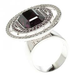 Swarovski Purple Crystal Studded Silver Tone Ring Size 52