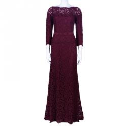 Pre Owned Tadashi Shoji Merlot Long Sleeve Lace Gown M