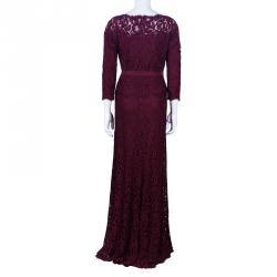 Pre Owned Tadashi Shoji Merlot Long Sleeve Lace Gown M