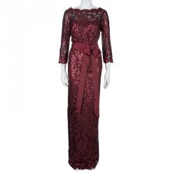 Pre Owned Tadashi Shoji Burgundy Long Sleeve Lace Sequin Embellished Gown L