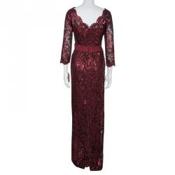 Pre Owned Tadashi Shoji Burgundy Long Sleeve Lace Sequin Embellished Gown L