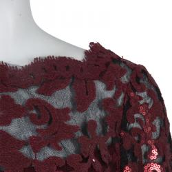 Pre Owned Tadashi Shoji Burgundy Long Sleeve Lace Sequin Embellished Gown L