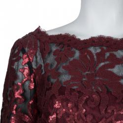 Pre Owned Tadashi Shoji Burgundy Long Sleeve Lace Sequin Embellished Gown L