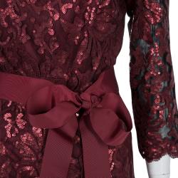 Pre Owned Tadashi Shoji Burgundy Long Sleeve Lace Sequin Embellished Gown L