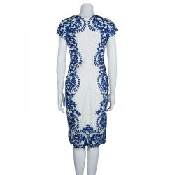 Tadashi Shoji White and Blue Embroidered Floral Lace Midi Dress M